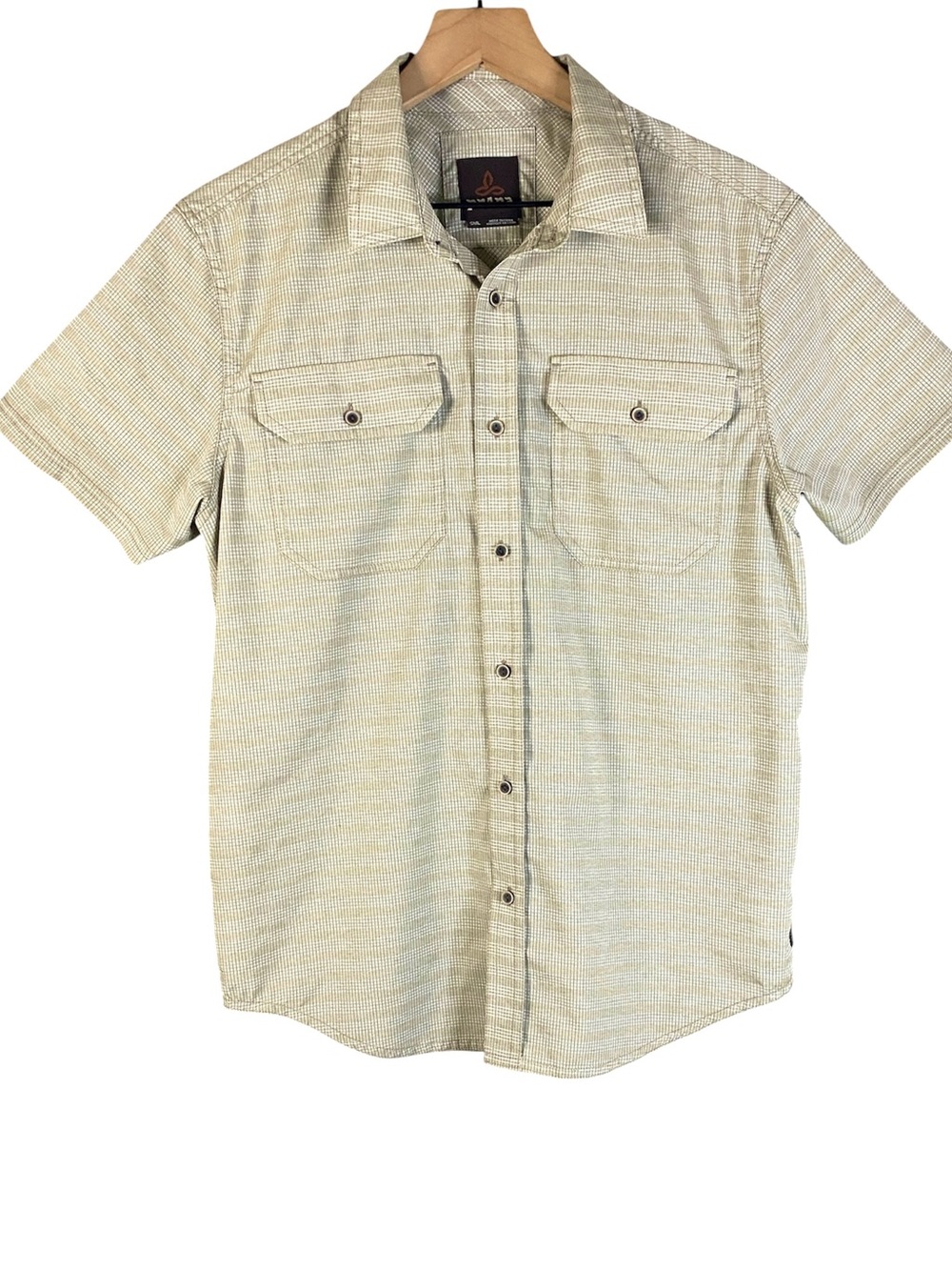 Prana Men’s Striped Short Sleeve Button Down Shirt in Tan & White Size Small